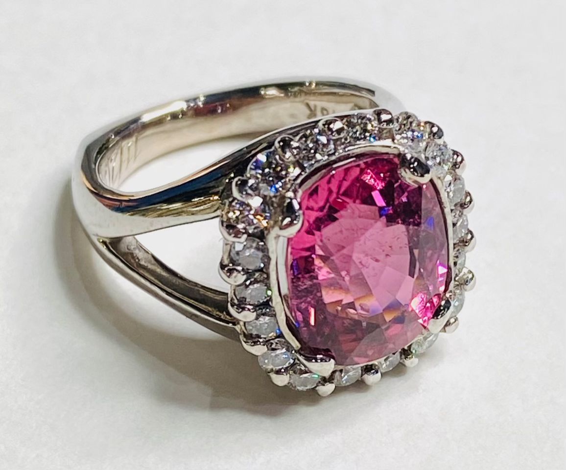 Pink tourmaline diamond white gold ring by Catherine Dining, CGDesigns
